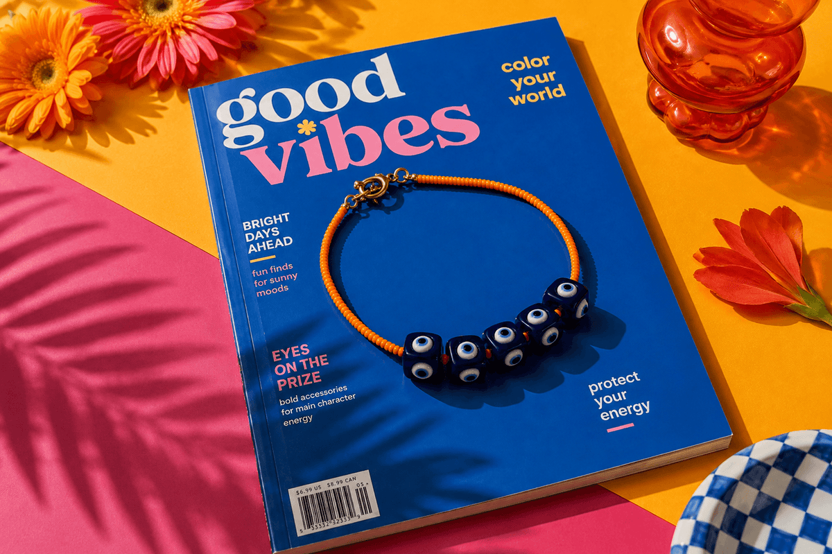 Navy evil-eye bead necklace on orange beads, styled on a bright magazine cover with gerbera flowers, palm shadows and coloured glass