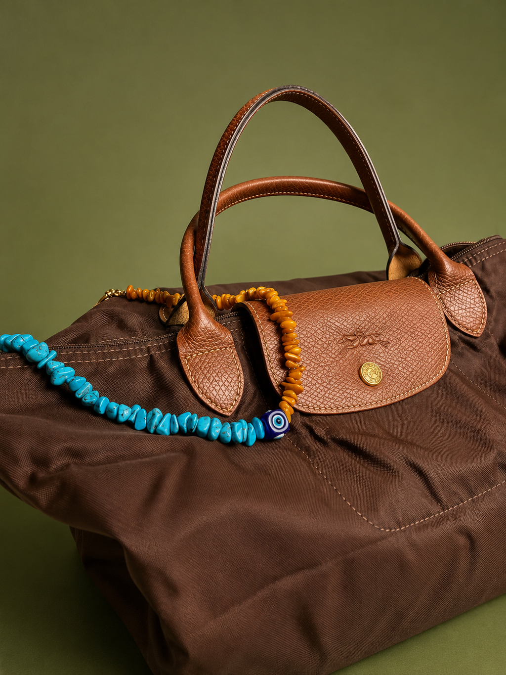 50/50: amber & turquoise stone bag charm